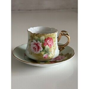 Antique Lefton Heritage Roses Cup & Saucer Gold Trim Hand Painted  1151